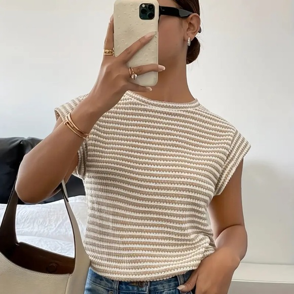 Striped Tan and White Knit Top - Picture 3 of 5